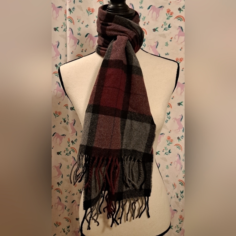 Vintage Burgundy & Grey Plaid Merino Wool Casual Unisex Scarf Wrap w/ Fringe